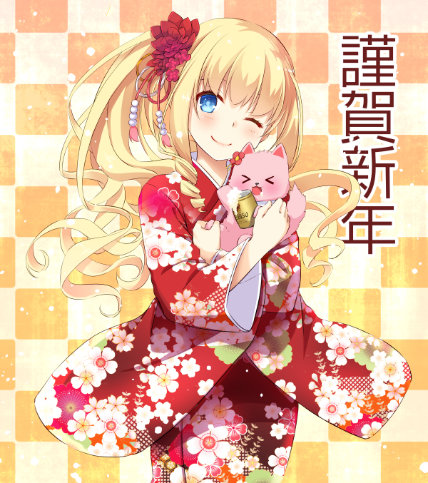 &gt;_&lt; 1girl :d ;) alcohol amagi_brilliant_park animal animal_hug bangs beer beer_can blonde_hair blush can cat checkered checkered_background closed_mouth commentary_request eyebrows_visible_through_hair floral_print flower hair_flower hair_ornament head_tilt japanese_clothes kimono latifa_fleuranza long_hair long_sleeves looking_at_viewer nakajima_yuka one_eye_closed open_mouth print_kimono red_flower red_kimono side_ponytail sidelocks smile tiramii very_long_hair wide_sleeves xd