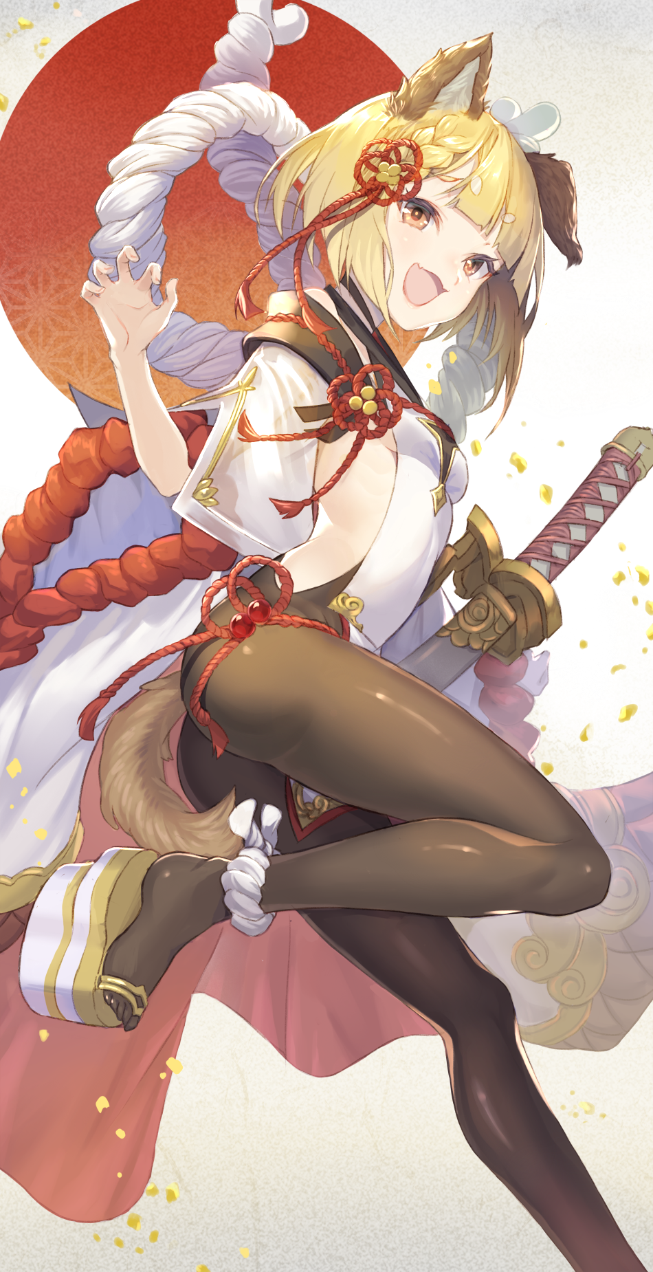 1girl :d animal_ears ass bangs black_legwear blonde_hair blunt_bangs blush breasts brown_eyes claw_pose dog_tail eyebrows_visible_through_hair from_side gi_(melmail) gradient gradient_background granblue_fantasy hair_ribbon highres leg_up legs long_sleeves looking_at_viewer looking_to_the_side midriff open_mouth pantyhose petals platform_footwear red_ribbon ribbon rope sheath sheathed shimenawa shiny shiny_clothes short_hair sideboob small_breasts smile solo standing standing_on_one_leg sword tabard tail vajra_(granblue_fantasy) weapon white_footwear wide_sleeves
