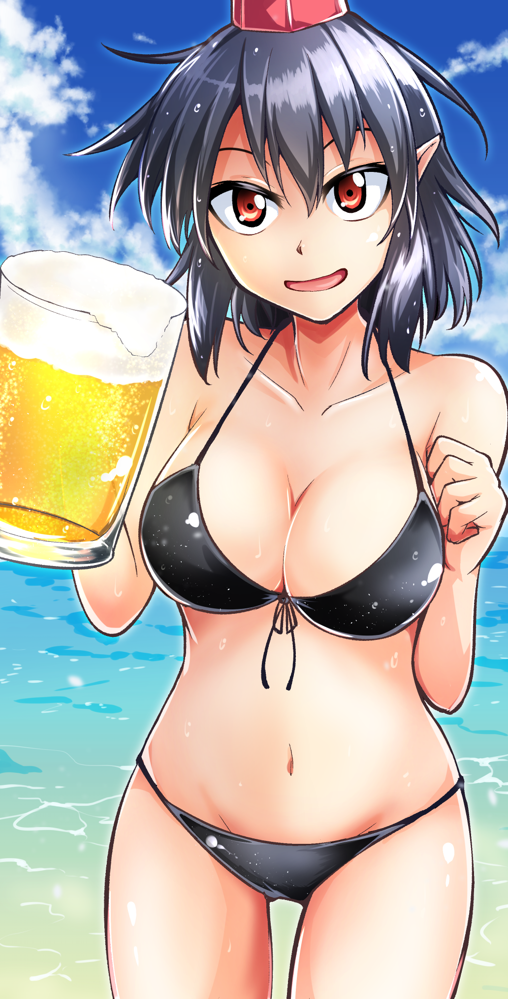 1girl alcohol alternate_costume arms_up ashiroku_(miracle_hinacle) beach beer beer_mug bikini black_bikini blue_sky breasts cleavage clenched_hand clouds collarbone cowboy_shot cropped_legs day front-tie_bikini front-tie_top hair_between_eyes hat highres large_breasts looking_at_viewer navel ocean open_mouth outdoors pointy_ears red_eyes shameimaru_aya shiny shiny_hair sky solo standing swimsuit thigh_gap tokin_hat touhou wet wet_hair