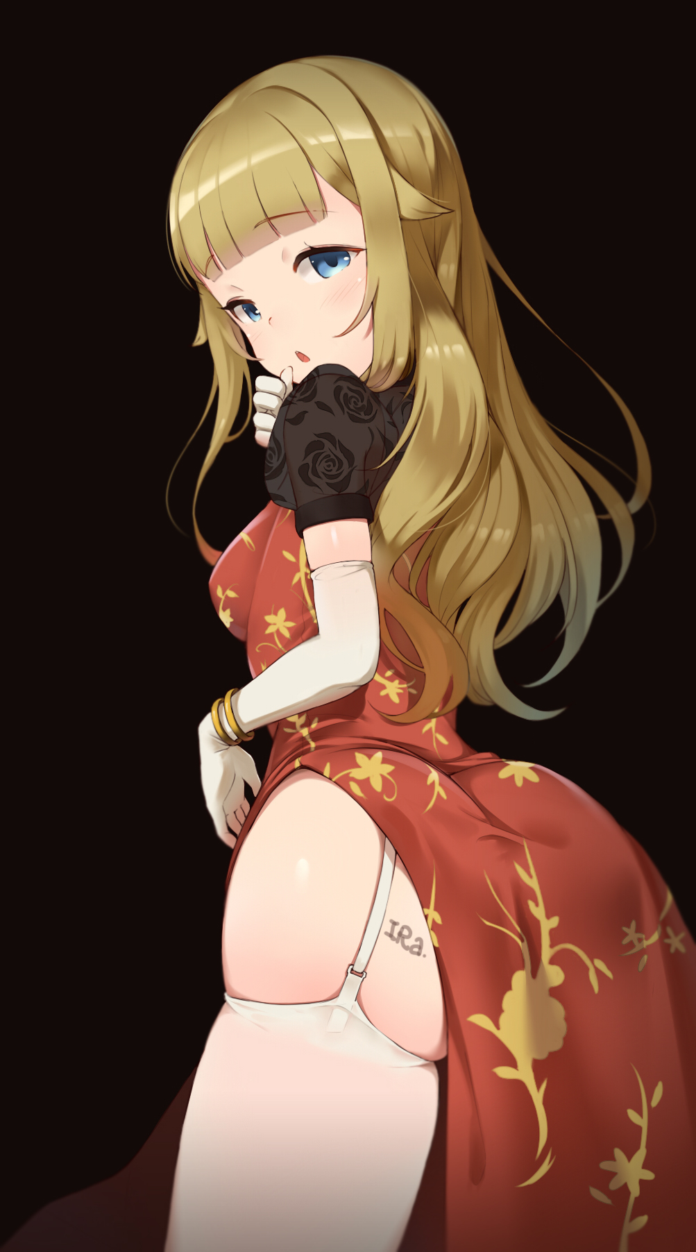 1girl bangs black_background blonde_hair blue_eyes blunt_bangs blush bracelet breasts dress elbow_gloves eyebrows_visible_through_hair from_behind garter_straps gloves haapi_jang_p highres jewelry long_hair looking_at_viewer medium_breasts parted_lips princess_(princess_principal) princess_principal puffy_short_sleeves puffy_sleeves red_dress see-through short_sleeves side_slit skindentation solo standing thigh-highs white_gloves