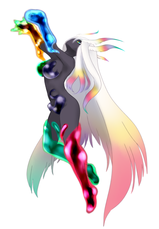 1girl arms_up black_skin cerulean_queen_(kemono_friends) facing_away full_body gradient_hair head_wings ise_(0425) kemono_friends legs_apart long_hair looking_up monster_girl multicolored multicolored_eyes multicolored_hair multiple_wings no_mouth no_navel no_nipples nude simple_background slime solo very_long_hair white_background white_hair wings