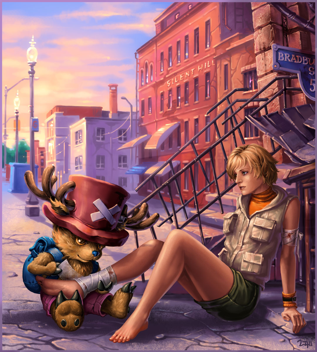 1boy 1girl animal backpack bare_arms bare_shoulders barefoot blonde_hair buildings candra clouds commentary crossover feet female hat heather_mason highres human jacket miniskirt multiple_boys one_piece purple_shorts reindeer short_hair shorts silent_hill_3 sitting skirt sky sleeveless sleeveless_turtleneck smile stairs street together tony_tony_chopper turtleneck vest wristband