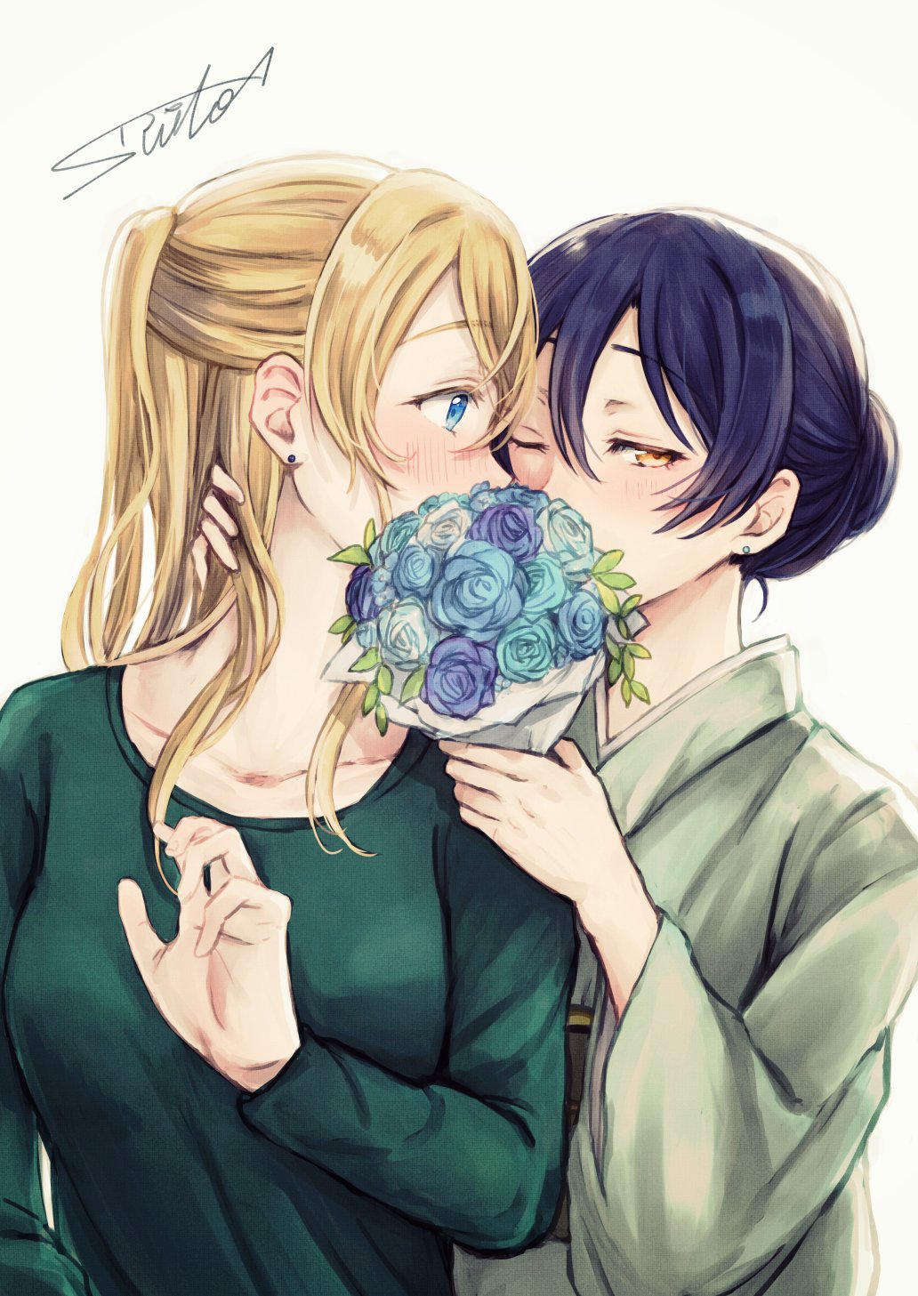 2girls ayase_eli bangs blonde_hair blue_eyes blue_hair blush bouquet commentary_request covering_face earrings flower green_shirt grey_kimono hair_bun hand_on_another's_neck highres implied_kiss japanese_clothes jewelry kimono long_hair looking_at_viewer love_live! love_live!_school_idol_project multiple_girls one_eye_closed ponytail shirt sonoda_umi suito upper_body yellow_eyes yuri