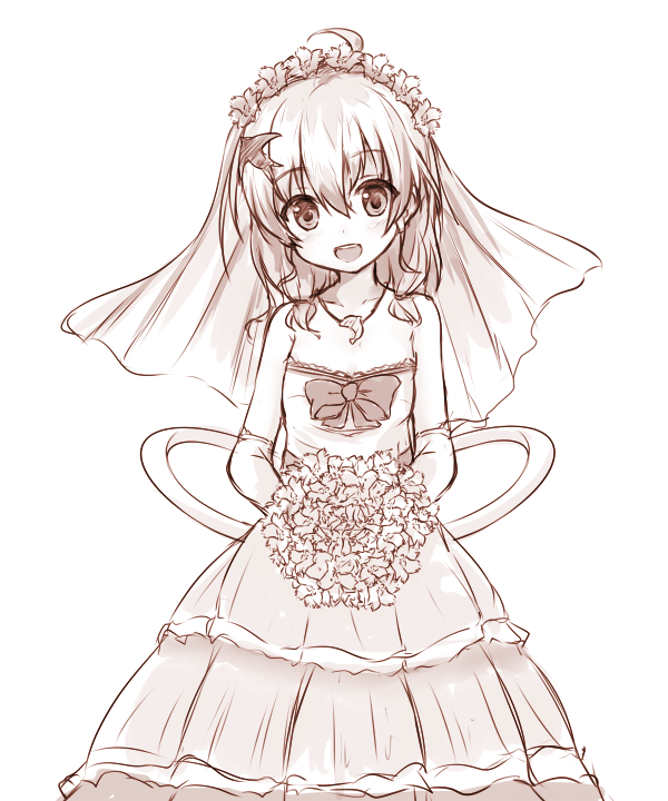 1girl bare_shoulders bouquet bow delphinium_(flower_knight_girl) dress elbow_gloves flower flower_knight_girl gloves hair_ornament jewelry kida_kuro_mu looking_at_viewer monochrome necklace open_mouth short_hair simple_background smile solo wedding_dress white_background