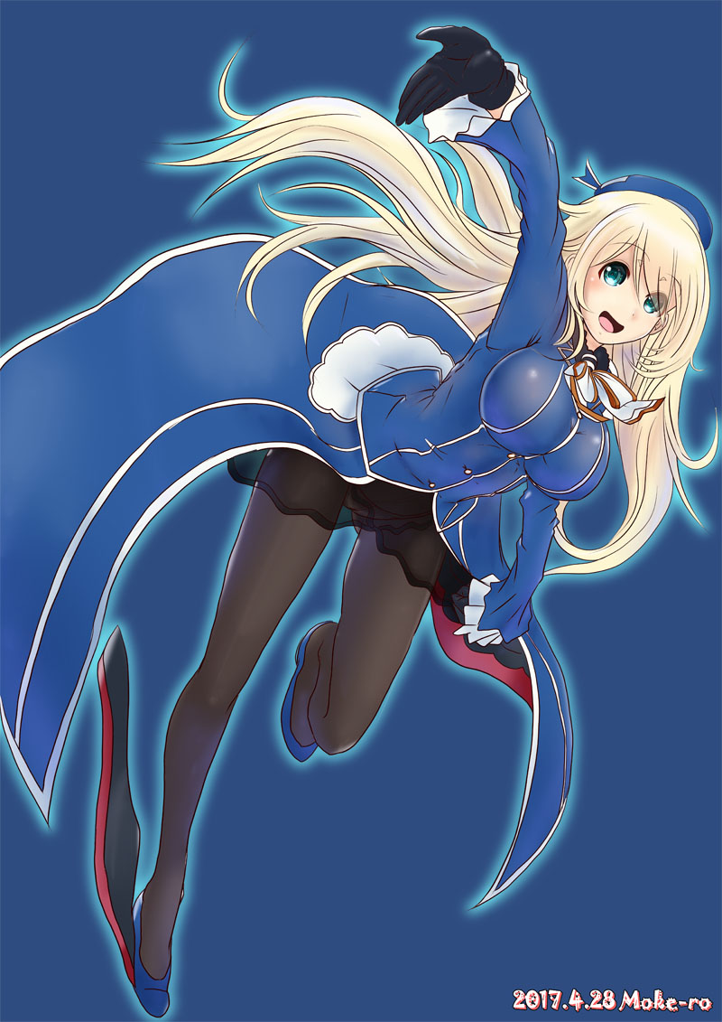 1girl atago_(kantai_collection) beret black_gloves black_legwear blonde_hair blue_background blue_footwear blue_hat breasts dated gloves green_eyes hat high_heels kantai_collection large_breasts long_hair long_sleeves military military_uniform mokerou open_mouth panties panties_under_pantyhose pantyhose smile solo twitter_username underwear uniform white_panties