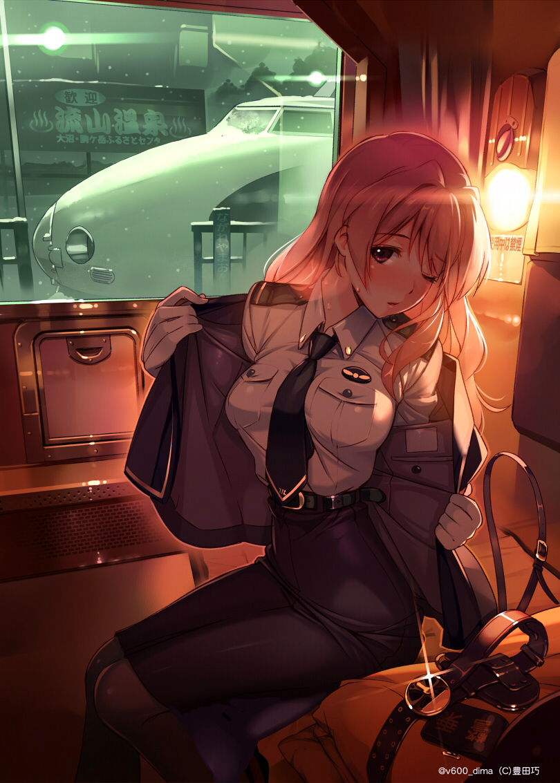 1girl bangs belt belt_buckle between_breasts black_belt black_legwear blush breasts brown_eyes brown_hair buckle commentary_request eyebrows_visible_through_hair gloves ground_vehicle jacket koumi_haruka large_breasts locomotive long_hair looking_at_viewer necktie necktie_between_breasts off_shoulder one_eye_closed open_clothes open_jacket pantyhose parted_lips pencil_skirt rail_wars! revision shinkansen shirt_tucked_in sitting skirt solo sweat train train_interior undressing uniform vania600 white_gloves