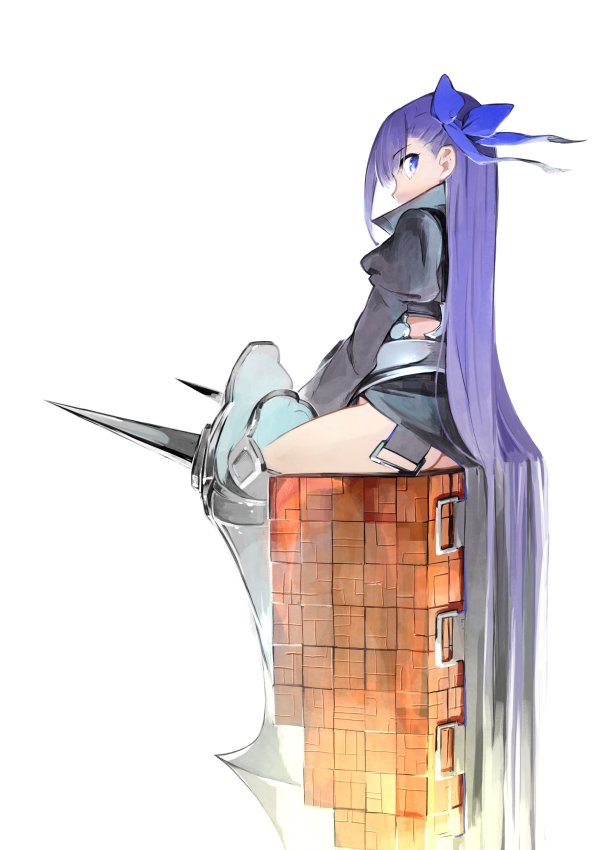 1girl ass blue_eyes boots fate/grand_order fate_(series) knee_boots long_hair looking_back meltlilith midriff simple_background sitting solo very_long_hair violet_eyes white_background yunar