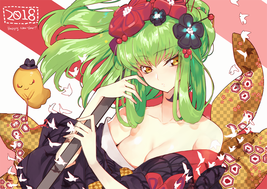 1girl 2018 :3 :o alternate_costume alternate_hairstyle bangs bare_shoulders black_flower black_hat black_kimono blush breasts c.c. checkered cheese-kun cleavage code_geass collarbone cosplay creayus eyebrows_visible_through_hair fate/grand_order fate_(series) floating_hair flower green_hair hair_flower hair_ornament hair_rings hair_stick happy_new_year hat holding holding_staff japanese_clothes katsushika_hokusai_(fate/grand_order) katsushika_hokusai_(fate/grand_order)_(cosplay) kimono long_hair long_sleeves medium_breasts new_year obi off_shoulder open_clothes open_kimono paintbrush parted_lips ponytail red_flower sash seiyuu_connection shiny shiny_hair solo staff tsurime upper_body yellow_eyes yukana