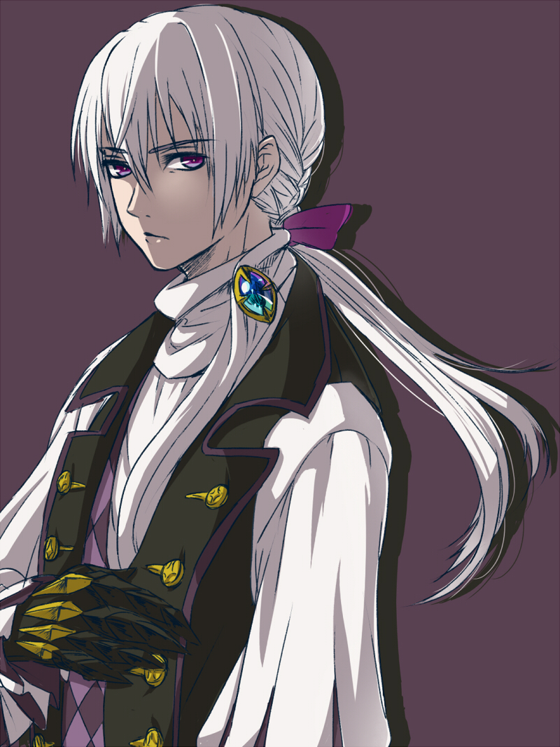 1boy bow butler fire_emblem fire_emblem_heroes fire_emblem_if gem gloves harumiya_(hayatobi23) joker_(fire_emblem_if) long_hair low_ponytail purple_background simple_background solo upper_body violet_eyes white_hair