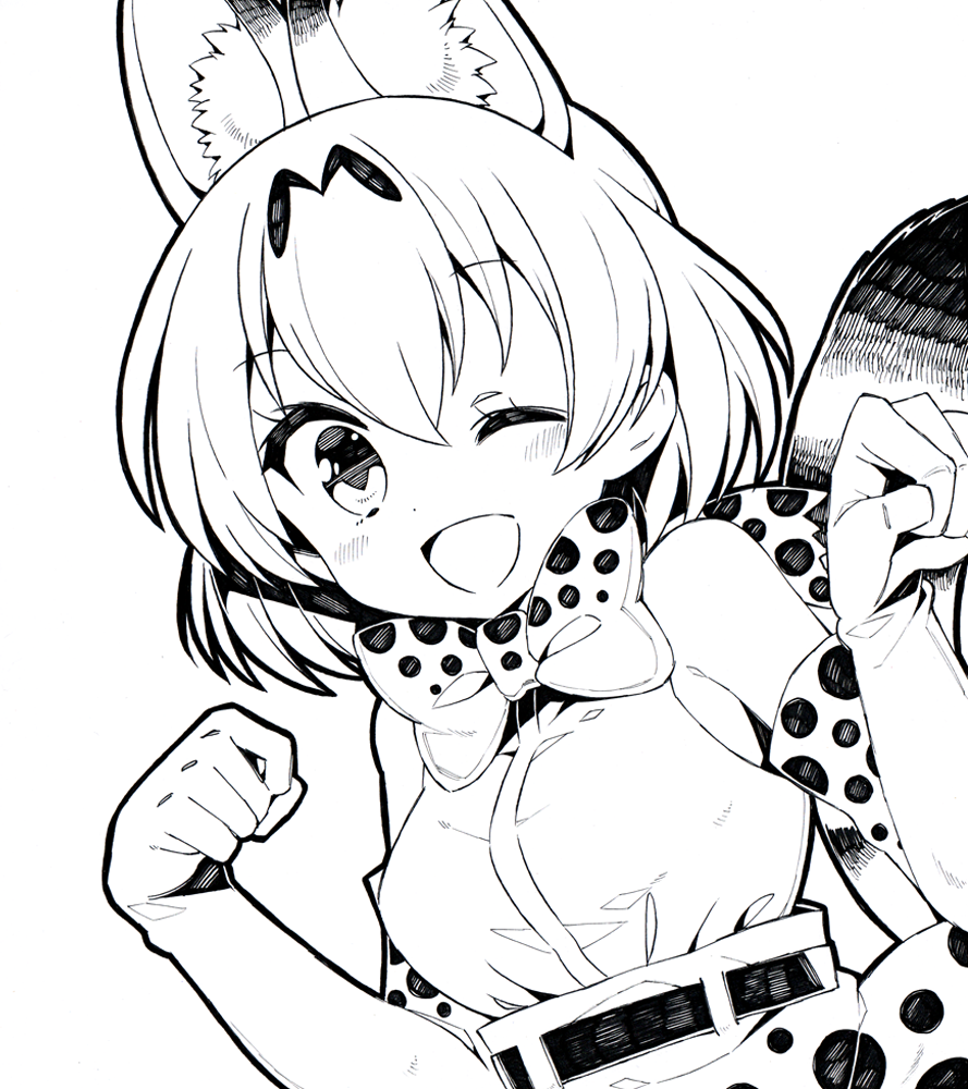 1girl animal_ears bow bowtie kemono_friends kurisu_sai looking_at_viewer monochrome one_eye_closed open_mouth serval_(kemono_friends) short_hair simple_background smile solo white_background