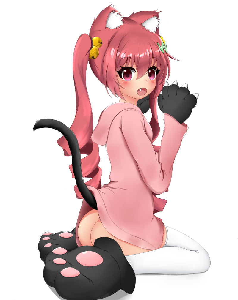 1girl :o animal_ears ass bangs bell blush borrowed_character brown_hair cat_ears cat_girl cat_tail eyebrows_visible_through_hair fang gloves hair_bell hair_between_eyes hair_ornament hands_up hazuki_watora hood hood_down hoodie jingle_bell kemonomimi_mode long_hair long_sleeves looking_at_viewer looking_to_the_side open_mouth original paw_gloves paw_shoes paws peru_(perushee) pink_hoodie ringlets shoes sidelocks simple_background sitting solo tail thigh-highs twintails very_long_hair violet_eyes wariza white_background white_legwear