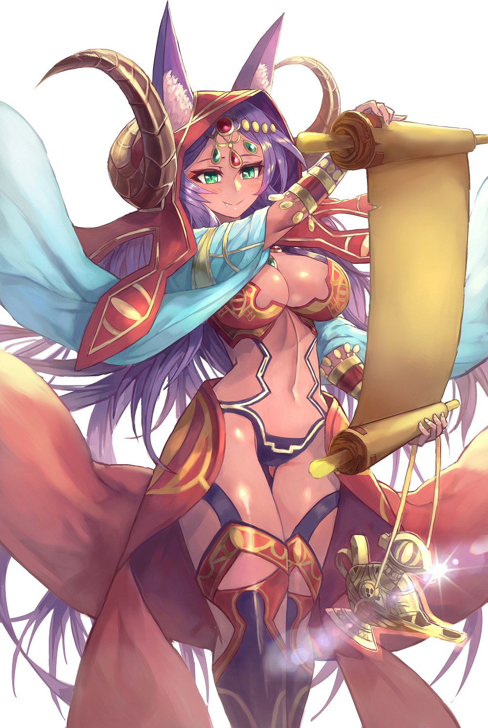 1girl animal_ears aqua_eyes breasts cleavage dark_skin david_lee fang fate/grand_order fate_(series) gem head_chain highres hood horns jewelry lamp large_breasts long_hair navel purple_hair queen_of_sheba_(fate/grand_order) reading scroll smile solo