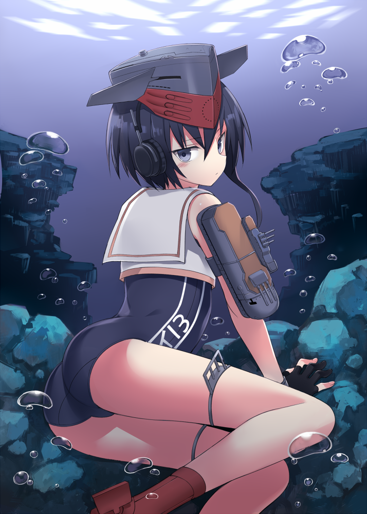 1girl aa_gun air_bubble ass asymmetrical_hair black_hair blue_swimsuit boots brown_eyes bubble crop_top gloves hair_between_eyes hat headphones high_heel_boots high_heels i-13_(kantai_collection) kantai_collection kuhotaka looking_back ocean one-piece_swimsuit partly_fingerless_gloves rock sailor_collar school_swimsuit shirt short_hair single_glove sitting solo sunlight swimsuit swimsuit_under_clothes underwater water