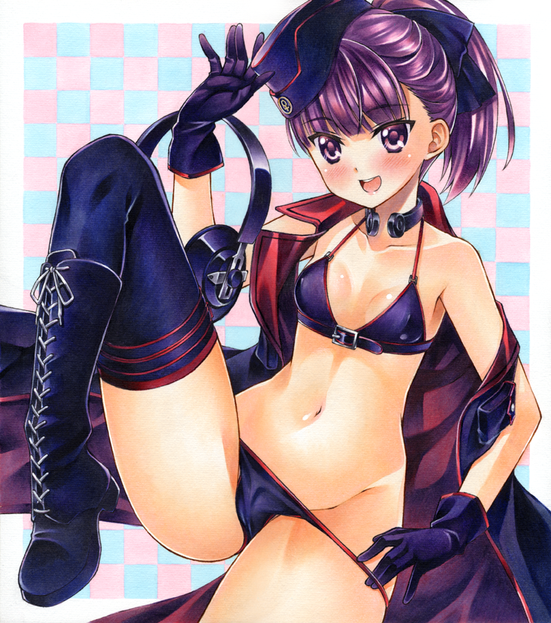 1girl bikini black_legwear blush breasts fate/grand_order fate_(series) gloves hat headphones_removed helena_blavatsky_(fate/grand_order) helena_blavatsky_(swimsuit_archer)_(fate) looking_at_viewer marker_(medium) millipen_(medium) navel ponytail purple_hair short_hair small_breasts smile solo swimsuit thigh-highs traditional_media violet_eyes yuto_takumi