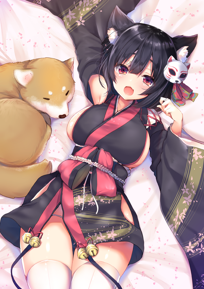 1girl :d animal animal_ears ayuma_sayu azur_lane bangs bed_sheet bell black_hair black_kimono breasts cat_ears commentary_request dog eyebrows_visible_through_hair fang fox_mask hair_between_eyes japanese_clothes jingle_bell kimono large_breasts long_sleeves looking_at_viewer lying mask mask_on_head on_back open_mouth petals red_eyes short_kimono sideboob smile solo thigh-highs white_legwear wide_sleeves yamashiro_(azur_lane)