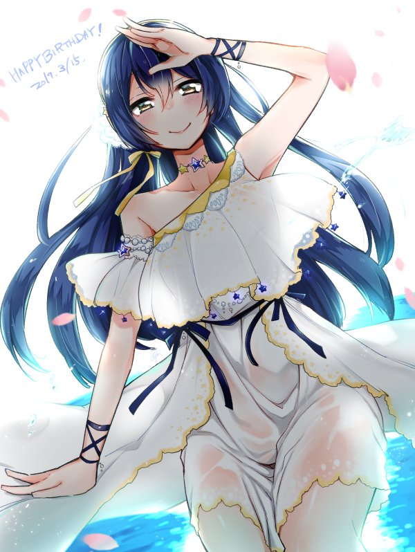 1girl arm_up bangs birthday blue_hair choker commentary_request dress frilled_dress frills happy_birthday ind-kary long_hair looking_at_viewer love_live! love_live!_school_idol_project petals ribbon see-through simple_background smile solo sonoda_umi star white_dress wristband yellow_eyes