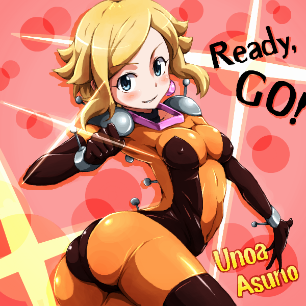 1girl alone arched_back ass blonde_hair blush blush_stickers bodysuit breasts butt_crack cleavage cosplay curvy earring earrings english_text female g_gundam grin gundam gundam_age hips looking_at_viewer medium_breasts mobile_trace_suit navel pose rain_mikamura rain_mikamura_(cosplay) runaru short_hair skin_tight smile solo stomach suit thick_thighs thighs unoa_asuno wide_hips