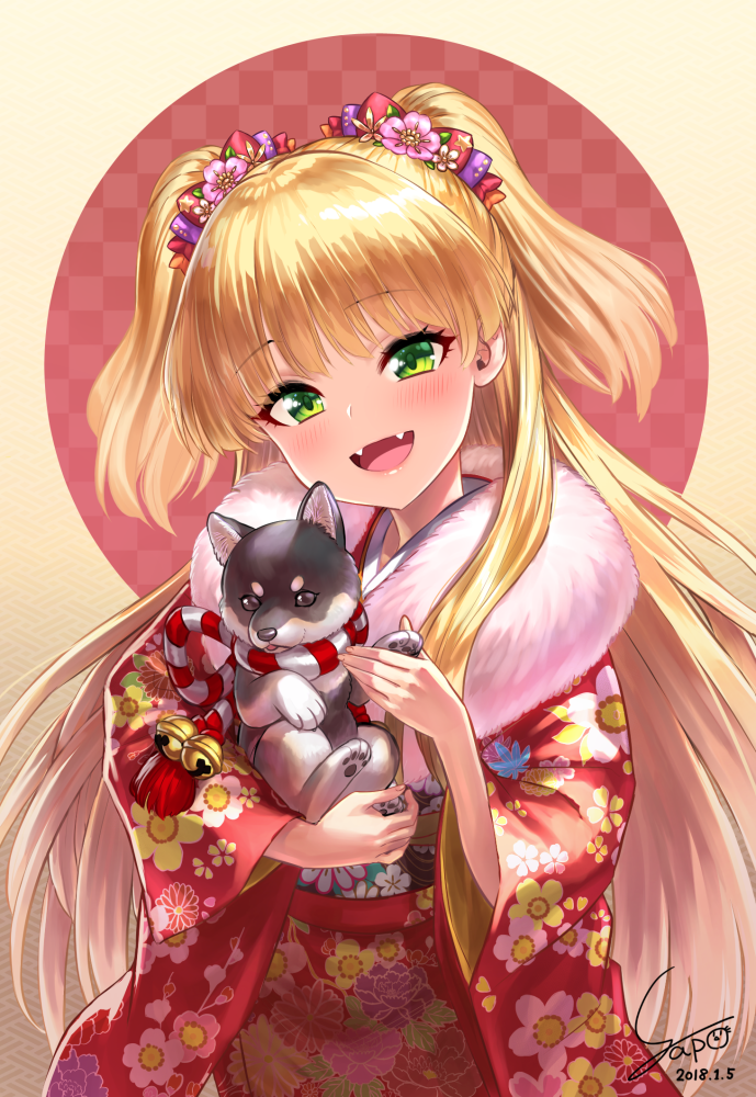 1girl :d animal bangs bell blonde_hair blush checkered checkered_background dated dog eyebrows_visible_through_hair fangs floral_print flower fur_collar green_eyes hair_flower hair_ornament hair_ribbon head_tilt holding holding_animal idolmaster idolmaster_cinderella_girls japanese_clothes jingle_bell jougasaki_rika kimono long_hair long_sleeves open_mouth paws red_kimono red_ribbon ribbon rope shimenawa shiny shiny_hair signature smile solo straight_hair two-tone_background two_side_up upper_body very_long_hair wide_sleeves yapo_(croquis_side)