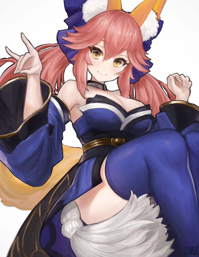 1girl animal_ears blue_legwear blue_ribbon blush bow breasts cleavage detached_sleeves edward_montenegro fate/extra fate/extra_ccc fate/grand_order fate_(series) fox_ears fox_shadow_puppet fox_tail hair_bow hair_ribbon japanese_clothes large_breasts looking_at_viewer pink_hair ribbon simple_background solo tail tamamo_(fate)_(all) tamamo_no_mae_(fate) thigh-highs white_background yellow_eyes