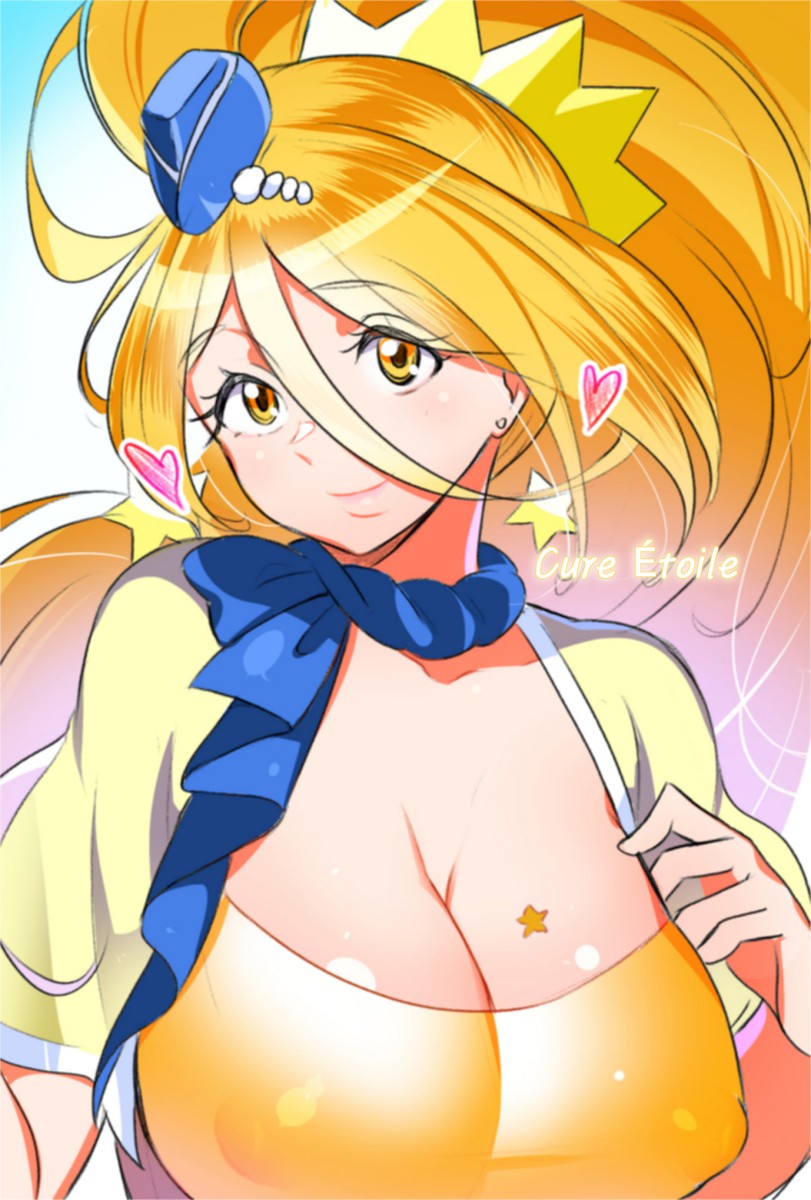 1girl alternate_breast_size blue_hat breasts character_name cleavage closed_mouth cure_etoile earrings erect_nipples garrison_cap hat heart highres hugtto!_precure jewelry kagayaki_homare large_breasts long_hair looking_at_viewer magical_girl orange_eyes orange_hair precure rumo scarf smile solo star star_earrings upper_body