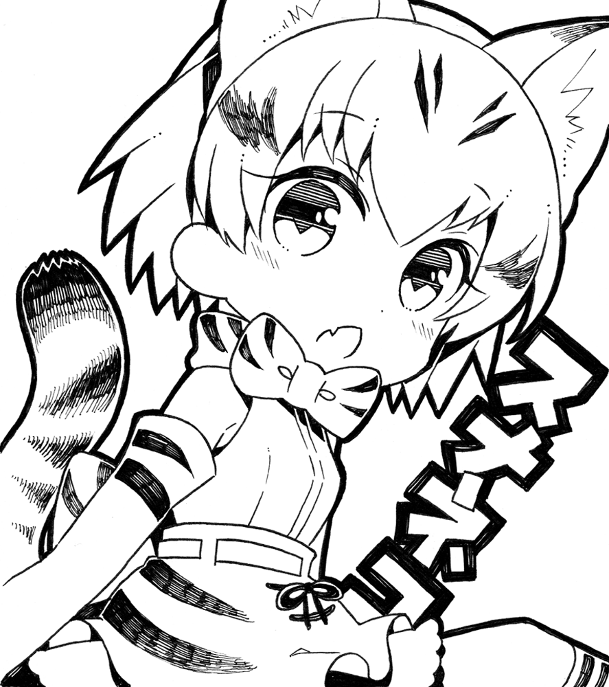 1girl animal_ears bow bowtie cat_ears cat_tail kemono_friends kurisu_sai looking_at_viewer monochrome open_mouth sand_cat_(kemono_friends) short_hair simple_background solo striped_tail tail white_background