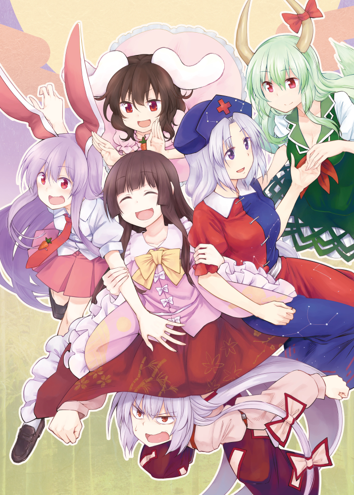 6+girls animal_ears bangs black_hair blunt_bangs bow brown_footwear brown_hair carrot_necklace closed_eyes dra dress ex-keine eyebrows_visible_through_hair frilled_sleeves frills fujiwara_no_mokou green_dress green_hair hair_bow hat horn_ribbon horns houraisan_kaguya inaba_tewi kamishirasawa_keine long_hair long_sleeves miniskirt multiple_girls necktie nurse_cap ofuda open_mouth pants pink_dress pink_skirt puffy_short_sleeves puffy_sleeves purple_hair rabbit_ears red_eyes red_neckwear red_pants red_skirt reisen_udongein_inaba ribbon shoes short_sleeves silver_hair sitting skirt smile touhou very_long_hair violet_eyes wide_sleeves yagokoro_eirin