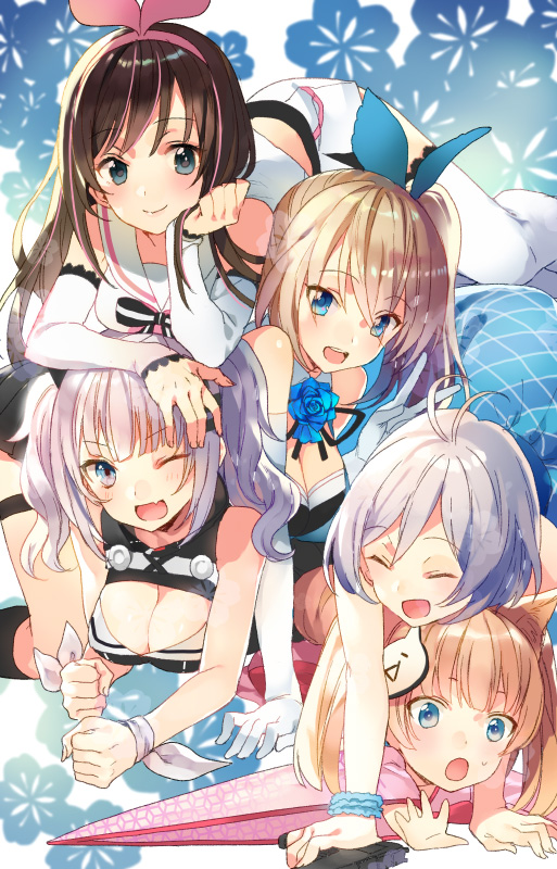 5girls a.i._channel animal_ears antenna_hair bangs bare_shoulders blonde_hair blue_eyes blush bow breasts brown_hair chin_rest cleavage cleavage_cutout closed_eyes dennou_shoujo_youtuber_shiro detached_sleeves eyebrows_visible_through_hair fox_ears gloves hair_bow hair_ornament hairband hairclip hand_on_another's_head ikeya kaguya_luna kaguya_luna_(character) kemomimi_vr_channel kizuna_ai long_hair looking_at_viewer lying medium_breasts mirai_akari mirai_akari_project multiple_girls nekomasu_(kemomimi_vr_channel) one_eye_closed open_mouth sailor_collar shiro_(dennou_shoujo_youtuber_shiro) short_hair silver_hair sleeveless smile twintails white_hair wide_sleeves