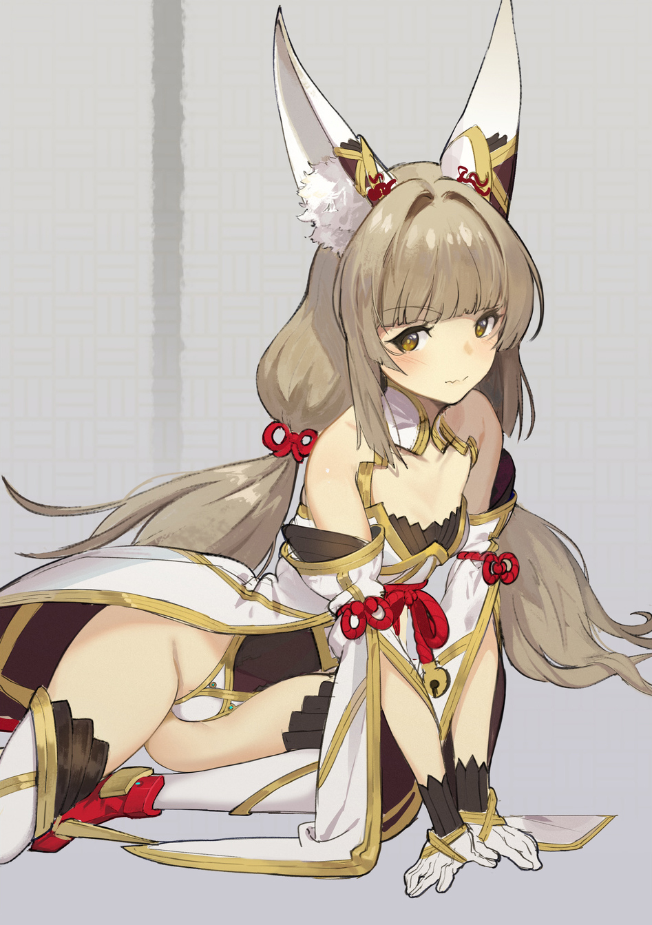 1girl animal_ears arm_support bangs blunt_bangs blush breasts bright_pupils brown_eyes cat_ears cleavage closed_mouth detached_sleeves eyebrows_visible_through_hair fang_out flat_chest gloves hair_intakes highleg highleg_leotard highres leotard light_brown_hair long_hair looking_at_viewer low_twintails niyah seinen simple_background solo spoilers thigh-highs twintails very_long_hair white_gloves white_legwear xenoblade xenoblade_2 yellow_eyes