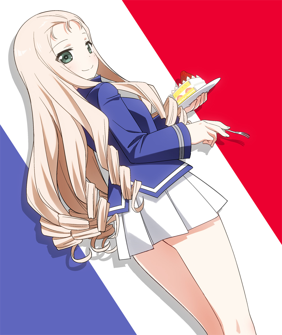 1girl bc_freedom_military_uniform blonde_hair blue_jacket cake closed_mouth cowboy_shot drill_hair dutch_angle eyebrows_visible_through_hair eyes_visible_through_hair flag_background food fork french_flag from_behind girls_und_panzer green_eyes holding jacket long_hair long_sleeves looking_at_viewer looking_back marie_(girls_und_panzer) pleated_skirt saucer skirt smile solo standing umekichi white_skirt
