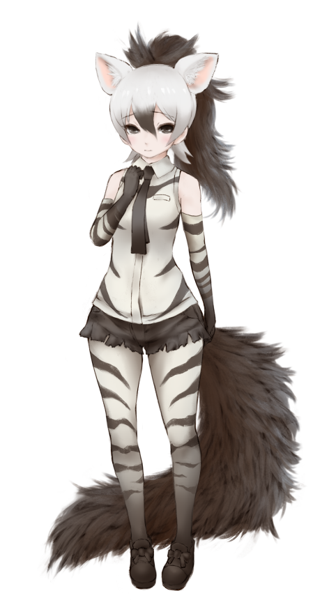 1girl aardwolf_(kemono_friends) aardwolf_ears aardwolf_tail animal_ears arm_at_side bangs bare_shoulders black_bow black_footwear black_hair black_neckwear black_shorts bow closed_mouth collared_shirt elbow_gloves eyebrows eyebrows_visible_through_hair facing_away full_body gloves gradient_hair grey_eyes hair_between_eyes high_ponytail ise_(0425) kemono_friends legs_apart long_hair looking_at_viewer multicolored multicolored_clothes multicolored_gloves multicolored_hair multicolored_legwear multicolored_shirt necktie pantyhose pocket shirt shoes shorts simple_background sleeveless sleeveless_shirt solo standing tail torn_clothes torn_shorts two-tone_hair white_background white_hair