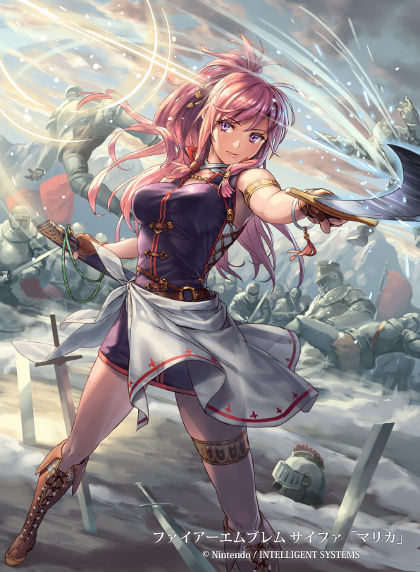 1girl armlet armor bangs boots clouds cloudy_sky commentary_request company_connection copyright_name cross-laced_footwear cuboon dress eyebrows_visible_through_hair fingerless_gloves fire_emblem fire_emblem:_seima_no_kouseki fire_emblem_cipher gloves helmet holding holding_sword holding_weapon knee_boots lace-up_boots lips long_hair marica_(fire_emblem) multiple_boys official_art outdoors ponytail purple_hair sheath short_dress sky sleeveless sword thigh_strap violet_eyes weapon