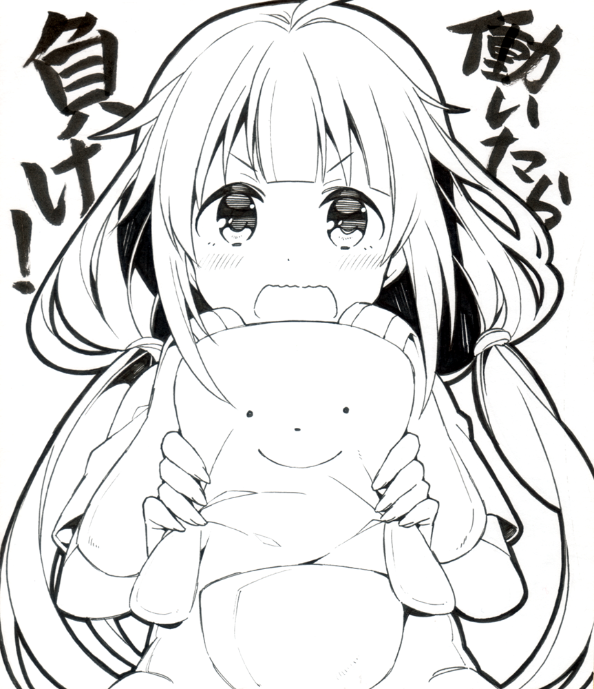 1girl blush futaba_anzu idolmaster idolmaster_cinderella_girls kurisu_sai long_hair looking_at_viewer monochrome open_mouth simple_background solo stuffed_animal stuffed_toy twintails white_background