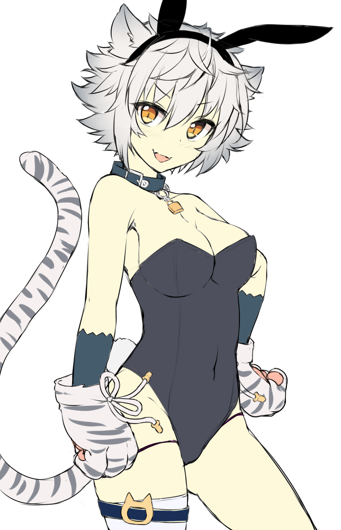 1girl animal_ears animal_print breasts cat_ears collar covered_navel flower_knight_girl gloves hand_on_hip kida_kuro_mu large_breasts looking_at_viewer open_mouth paw_gloves paws short_hair silver_hair simple_background single_thighhigh smile solo tail thigh-highs tiger_print tiger_tail white_background yellow_eyes yukinoshita_(flower_knight_girl)