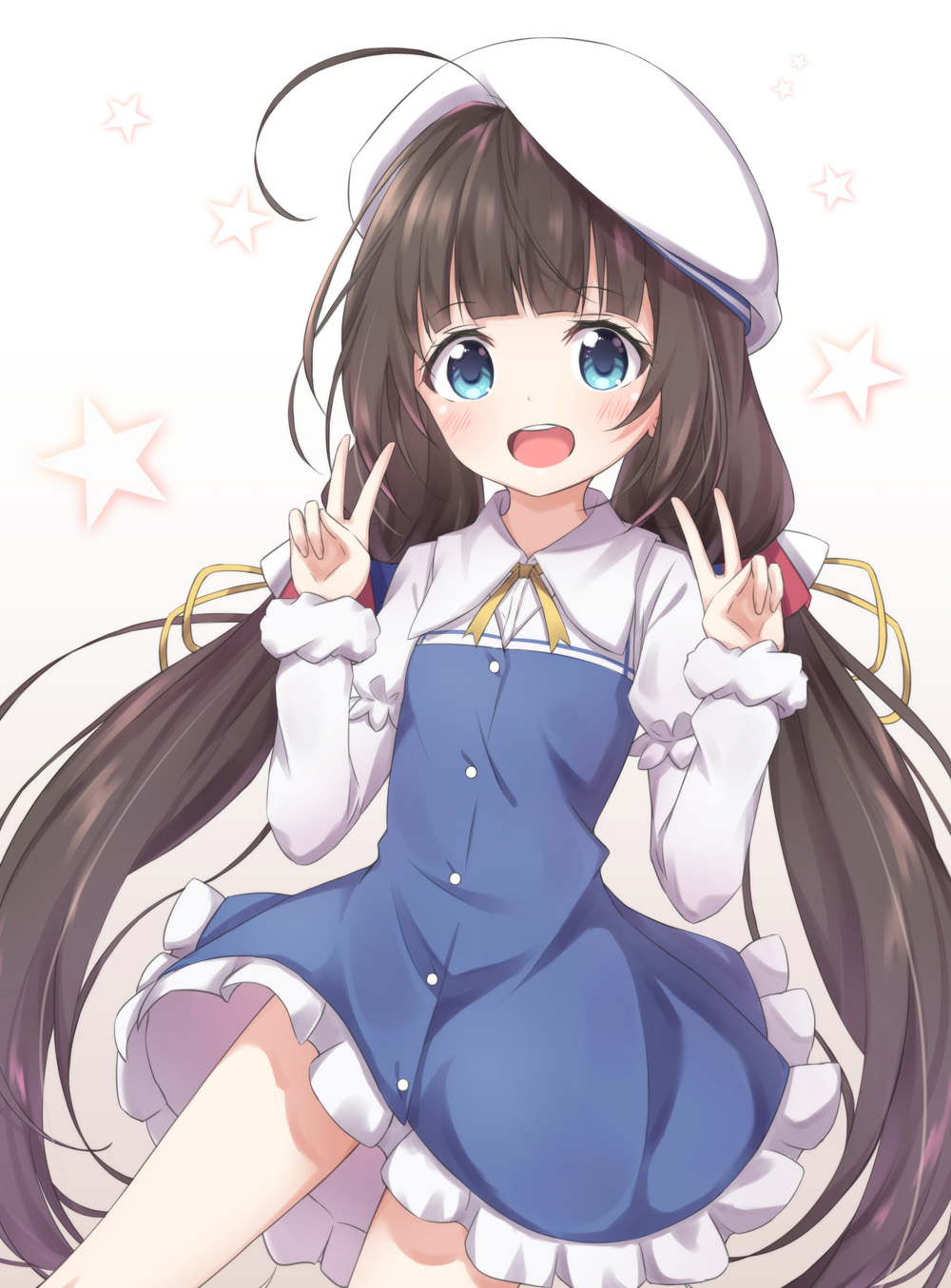 1girl :d ahoge akira_(been0328) bangs beret blue_dress blue_eyes blunt_bangs blush brown_hair commentary_request double_v dress eyebrows_visible_through_hair frilled_dress frills hair_ribbon hat highres hinatsuru_ai long_hair long_sleeves looking_at_viewer low_twintails open_mouth puffy_short_sleeves puffy_sleeves ribbon ryuuou_no_oshigoto! school_uniform short_over_long_sleeves short_sleeves smile solo star starry_background twintails upper_teeth v very_long_hair white_background white_hat yellow_neckwear yellow_ribbon