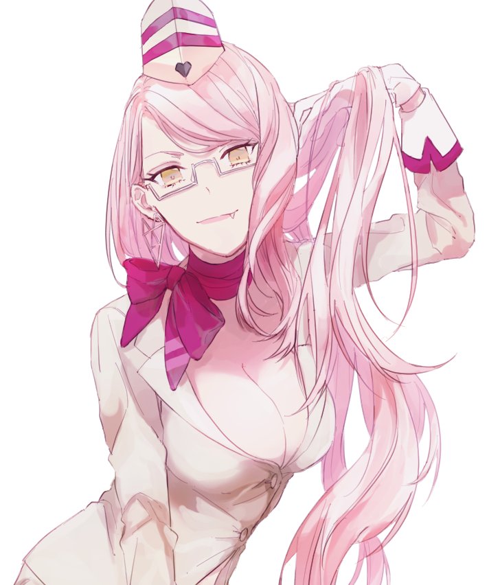 1girl breasts choker cleavage commentary_request earrings fang fang_out fate/grand_order fate_(series) formal glasses gloves hat jewelry koyanskaya long_hair looking_at_viewer pink_hair ribbon ribbon_choker semi-rimless_eyewear sleeve_cuffs smile solo suit to_(kuufuku) under-rim_eyewear very_long_hair white_background white_gloves yellow_eyes
