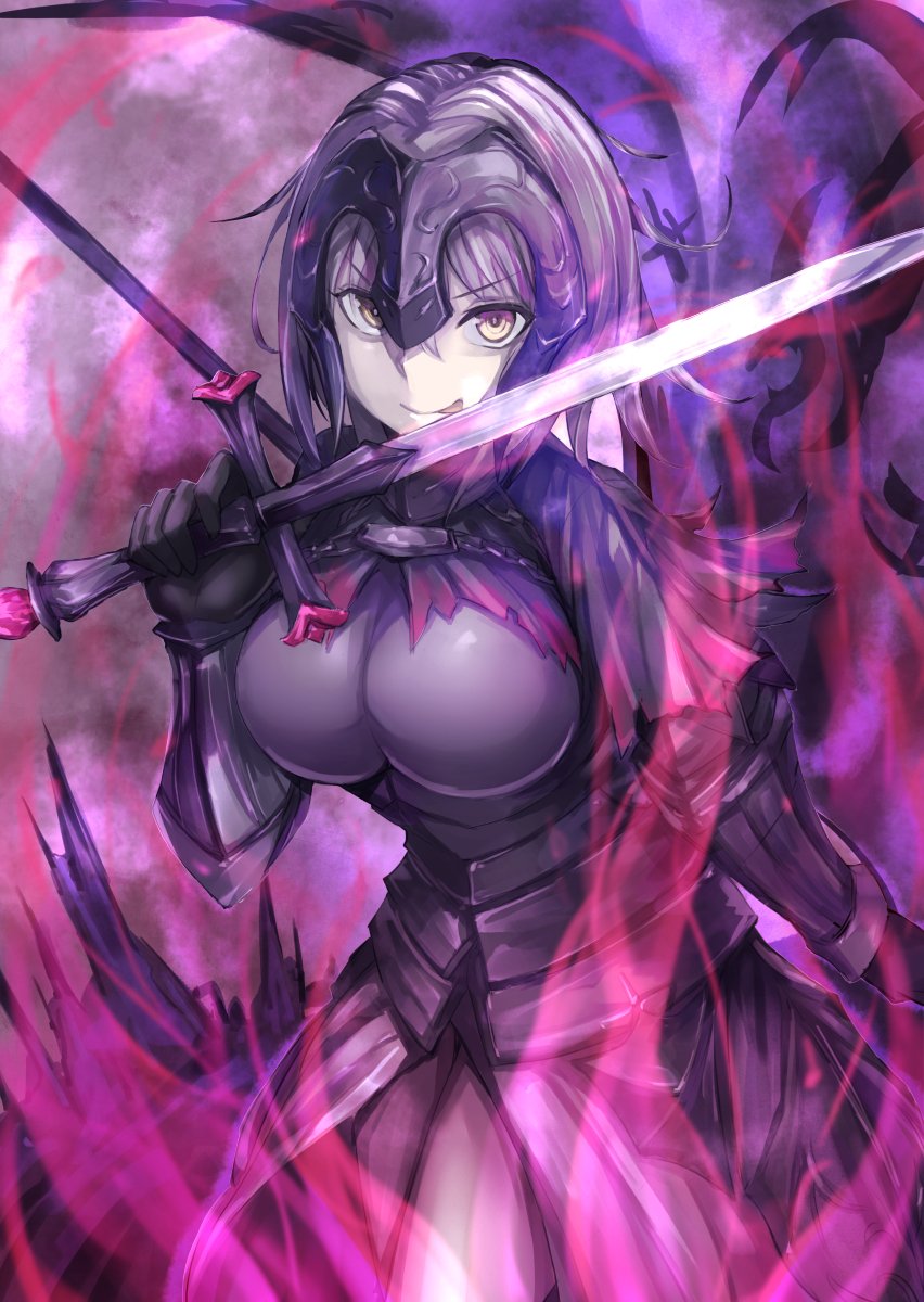 1girl :p armor armored_dress aura breasts cape commentary_request eyebrows_visible_through_hair fate/grand_order fate_(series) fumikiri gloves headpiece highres holding holding_sword holding_weapon jeanne_d'arc_(alter)_(fate) jeanne_d'arc_(fate)_(all) large_breasts licking licking_weapon looking_at_viewer pale_skin short_hair silver_hair smile solo standing sword tongue tongue_out torn_cape underbust v-shaped_eyebrows weapon