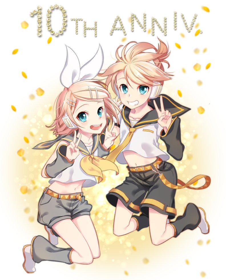 1boy 1girl :d anniversary bare_shoulders bass_clef blonde_hair blue_eyes bow brother_and_sister collarbone detached_sleeves double_v grin hair_bow hair_ornament hairclip happy headphones headset kagamine_len kagamine_rin leg_warmers looking_at_viewer midriff navel necktie open_mouth petals sailor_collar shirt short_hair short_ponytail shorts siblings sleeveless sleeveless_shirt smile tamara treble_clef twins v vocaloid yellow_neckwear
