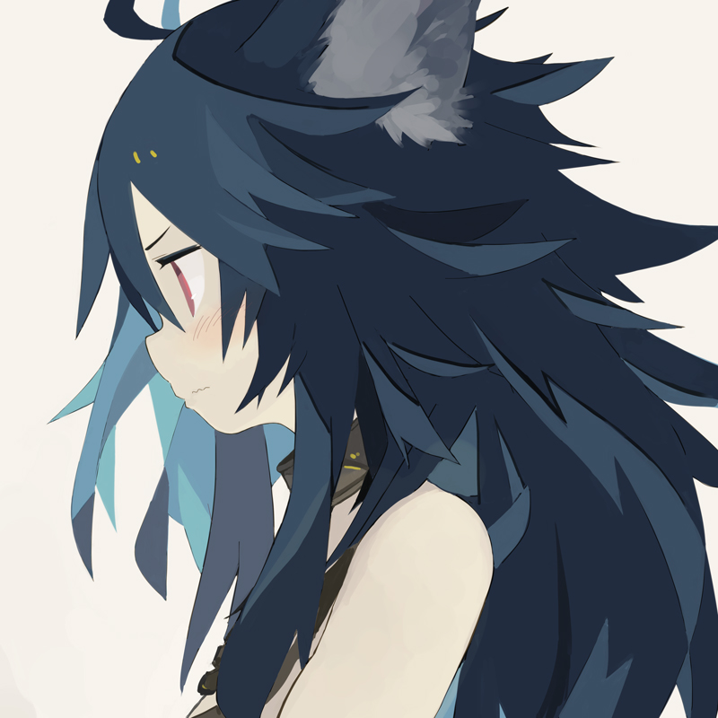 1girl ahoge animal_ears bare_shoulders blue_hair blush closed_mouth collar commentary_request fenrir_(shingeki_no_bahamut) from_side granblue_fantasy grey_background long_hair metal_collar paprika_shikiso profile red_eyes shingeki_no_bahamut simple_background solo upper_body wolf_ears