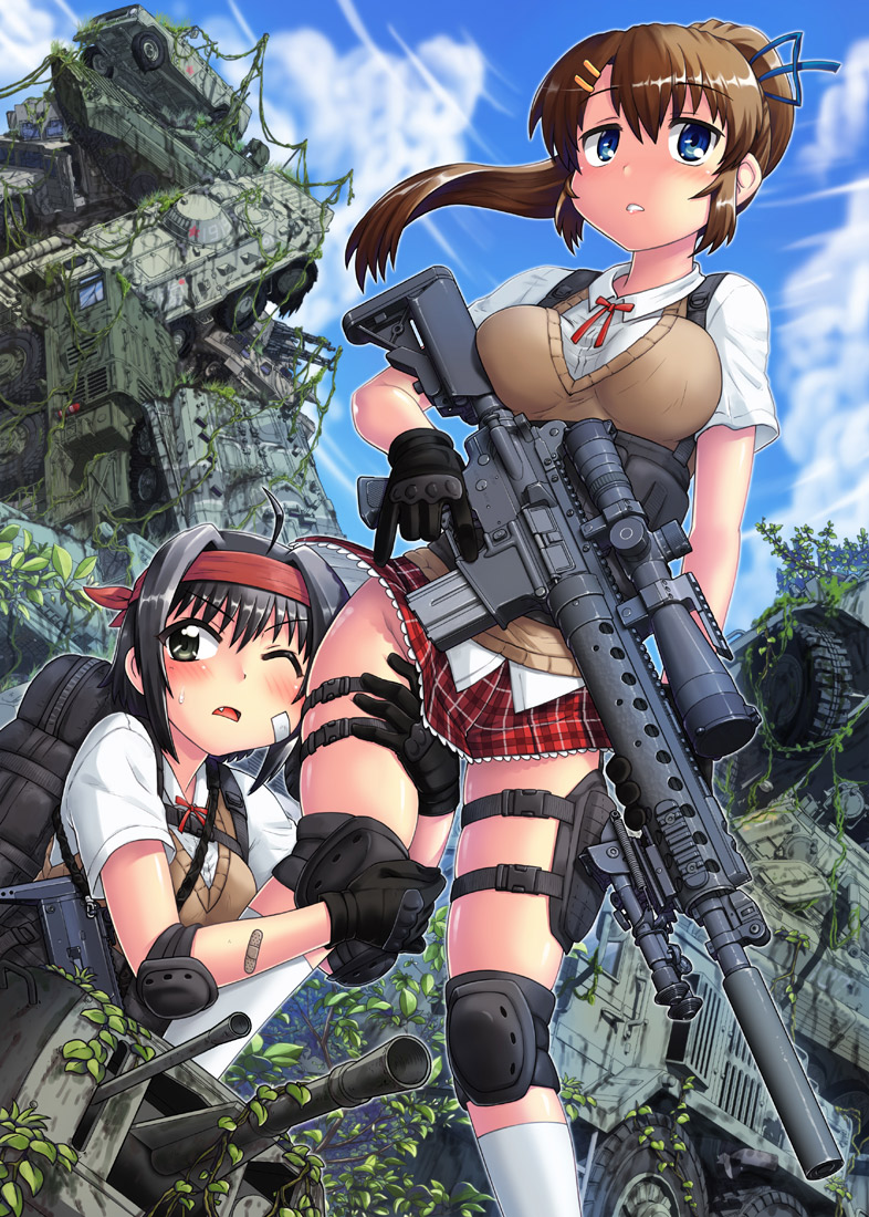 2girls ahoge backpack bag bandage_on_face bandaid black_eyes black_hair blue_eyes blue_ribbon blush breasts brown_hair clouds commentary_request day elbow_pads fang gloves ground_vehicle gun hair_ribbon hairband hase_yu holding holding_gun holding_weapon knee_pads leg_hug long_hair medium_breasts military military_vehicle motor_vehicle multiple_girls no_panties one_eye_closed open_mouth original outdoors parted_lips plaid plaid_skirt plant ponytail red_hairband ribbon rifle school_uniform scope shirt short_hair short_sleeves skirt sky sniper_rifle sweater_vest tank thigh_strap trigger_discipline uniform vines weapon white_legwear white_shirt