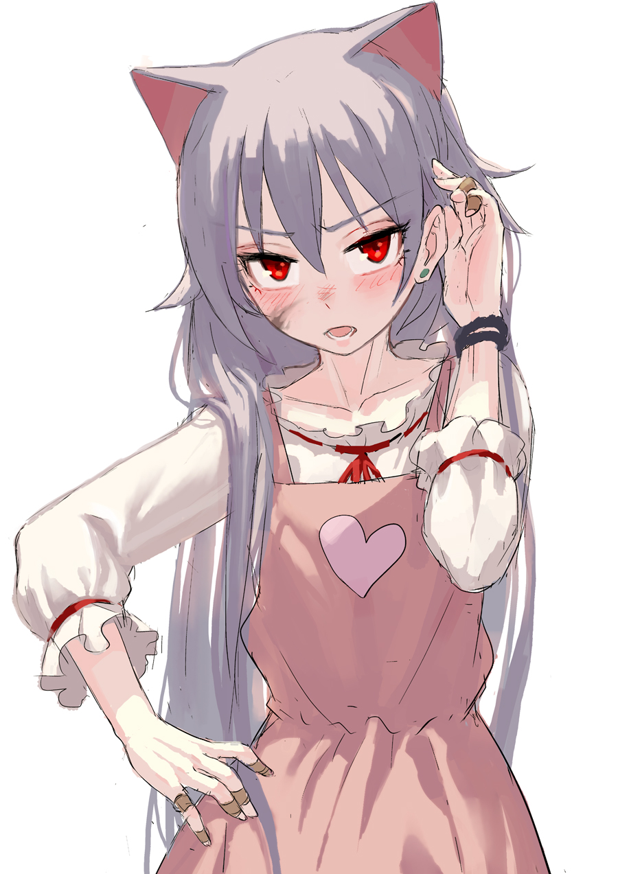 1girl adjusting_hair animal_ears apron bandaid_on_finger blush cat_ears collarbone commentary_request cowboy_shot dirty_face eyebrows_visible_through_hair fkey hand_on_hip hand_up heart heart_apron heart_print highres long_hair long_sleeves looking_at_viewer nose_blush open_mouth original pink_apron red_eyes red_ribbon ribbon ribbon-trimmed_dress shirt silver_hair simple_background solo straight_hair v-shaped_eyebrows very_long_hair white_background white_shirt wristband