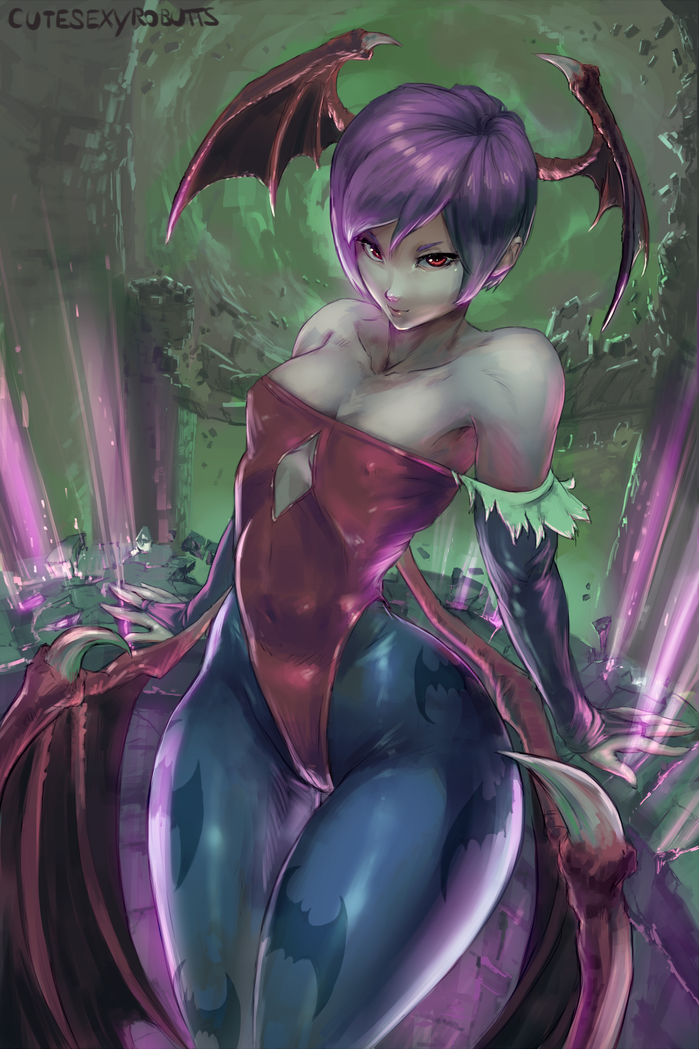 1girl animal_print artist_name bare_shoulders bat_print breasts bridal_gauntlets capcom covered_navel covered_nipples cutesexyrobutts demon_girl elbow_gloves gloves head_wings highres light_smile lilith_aensland looking_at_viewer low_wings pantyhose pink_hair red_eyes robutts short_hair signature sitting small_breasts solo succubus thick_thighs thighs vampire_(game) wide_sleeves wings