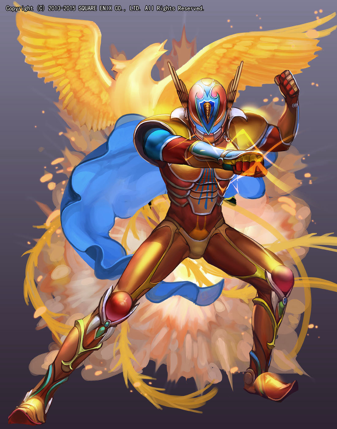 1boy armor bird blue_cape bodysuit boots cape clenched_hands emperors_saga facing_viewer fire full_armor full_body glint helmet highres jewelry legs_together liduke orange_bodysuit phoenix pointy_boots pose ring sentai solo standing