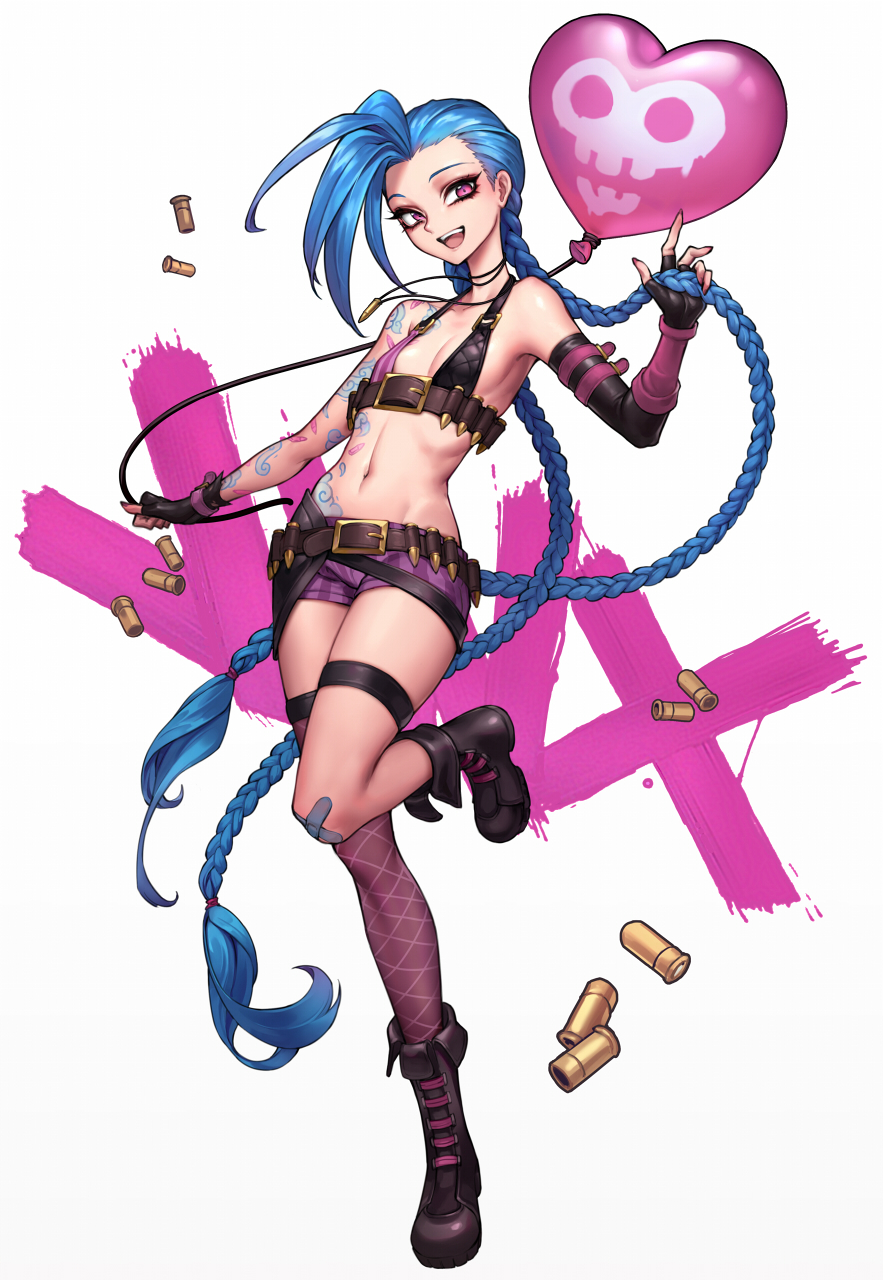 1girl :d balloon bandaid bandaid_on_knee bare_shoulders bikini_top black_gloves blue_hair boots braid breasts bullet character_name commentary elbow_gloves eyeshadow fingerless_gloves full_body gloves highres jinx_(league_of_legends) league_of_legends long_hair looking_at_viewer makeup mismatched_footwear mismatched_gloves nail_polish navel oopartz_yang open_mouth pink_eyes revision shell_casing short_shorts shorts simple_background single_elbow_glove single_knee_boot single_thighhigh small_breasts smile solo standing standing_on_one_leg tattoo thigh-highs thigh_strap twin_braids very_long_hair white_background