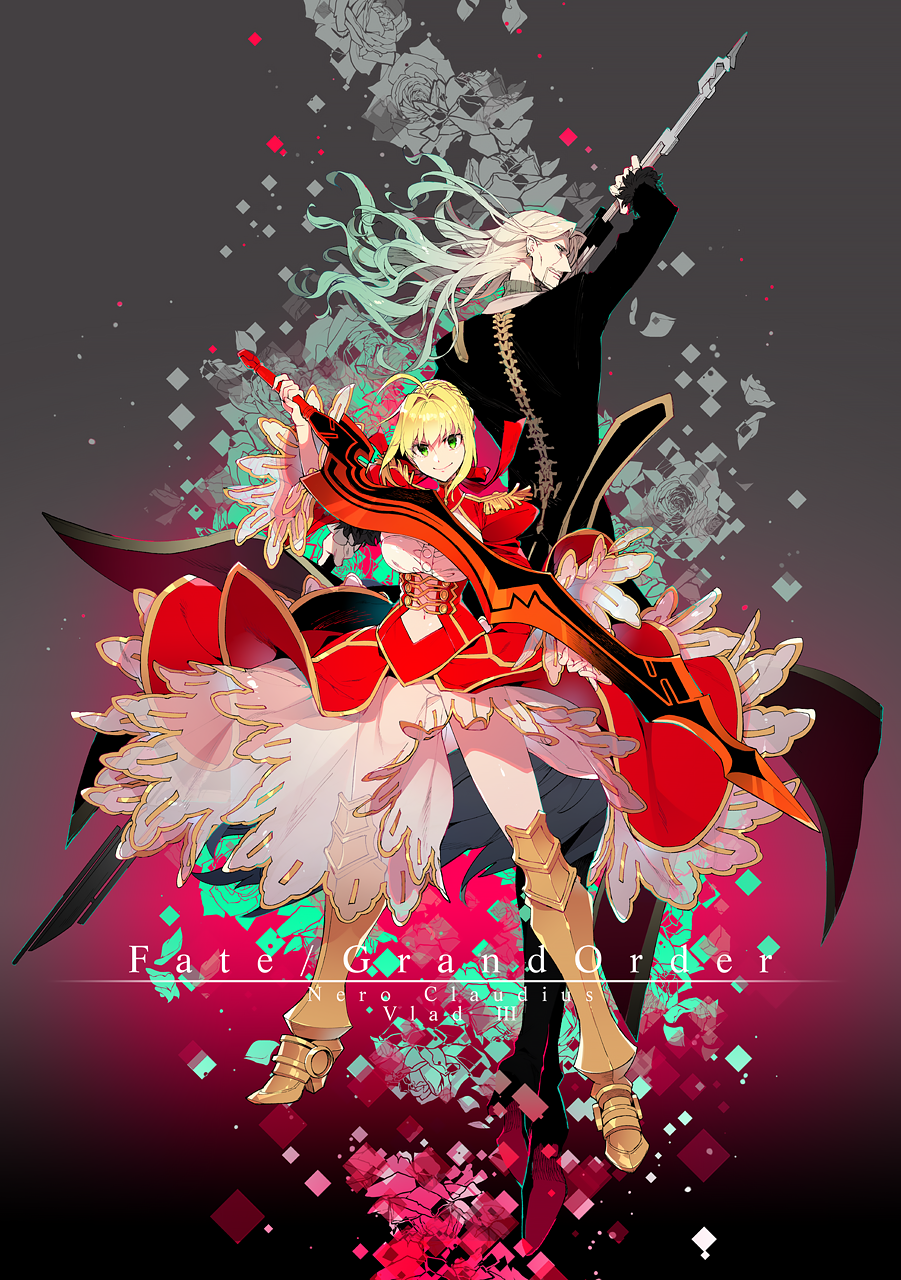 1boy 1girl aestus_estus ahoge armor armored_boots back-to-back beard black_coat blonde_hair boots breasts character_name copyright_name earrings epaulettes facial_hair fate/grand_order fate_(series) floral_background flower from_behind fur_trim hair_bun hair_intakes hair_ribbon height_difference high_heel_boots high_heels highres holding holding_sword holding_weapon jewelry koshiro_itsuki lance lancer_of_black large_breasts leotard long_hair looking_at_viewer navel_cutout nero_claudius_(fate) nero_claudius_(fate)_(all) petals pointy_ears polearm ribbon rose rose_petals saber_extra see-through sword tailcoat vlad_iii_(fate/apocrypha) weapon white_leotard wide_sleeves