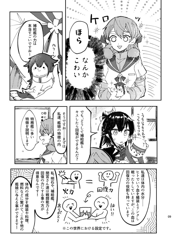 ._. 1girl admiral_(kantai_collection) akashi_(kantai_collection) blank_eyes comic hayasui_(kantai_collection) headband hedgehog itomugi-kun kamoi_(kantai_collection) kantai_collection monochrome ponytail sea_otter smile sparkle sweatdrop translation_request