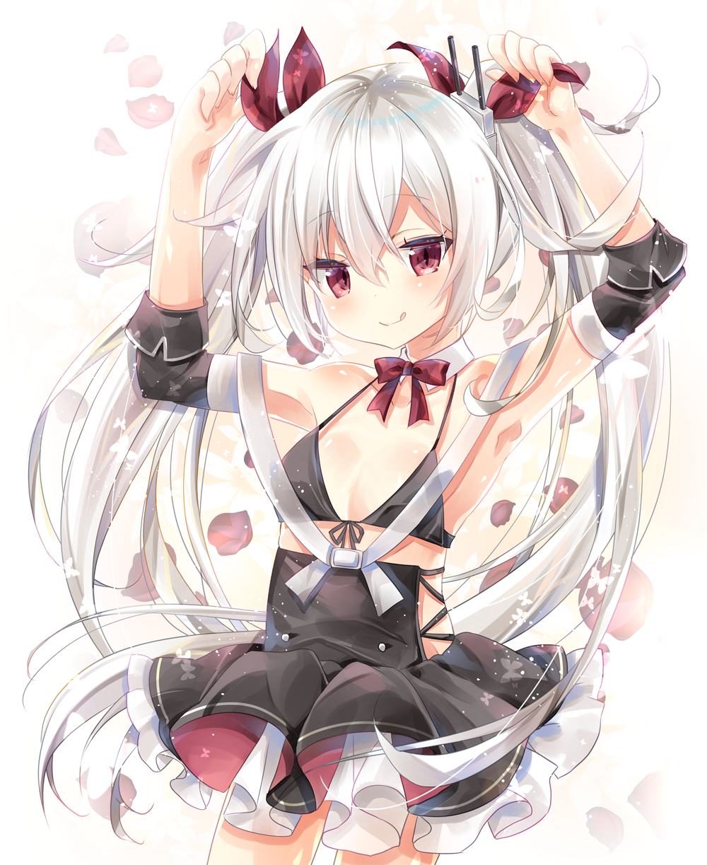 1girl :q arms_up azur_lane bangs bare_shoulders bikini_top black_bikini_top black_dress blush bow bowtie closed_mouth collarbone commentary_request cowboy_shot detached_collar detached_sleeves dress eyebrows_visible_through_hair fingernails front-tie_bikini front-tie_top hair_between_eyes hair_ornament hair_ribbon highres kurun_(kurun777) long_hair looking_at_viewer petals red_eyes red_neckwear red_ribbon ribbon sidelocks silver_hair smile solo tongue tongue_out twintails vampire_(azur_lane) very_long_hair white_belt white_collar