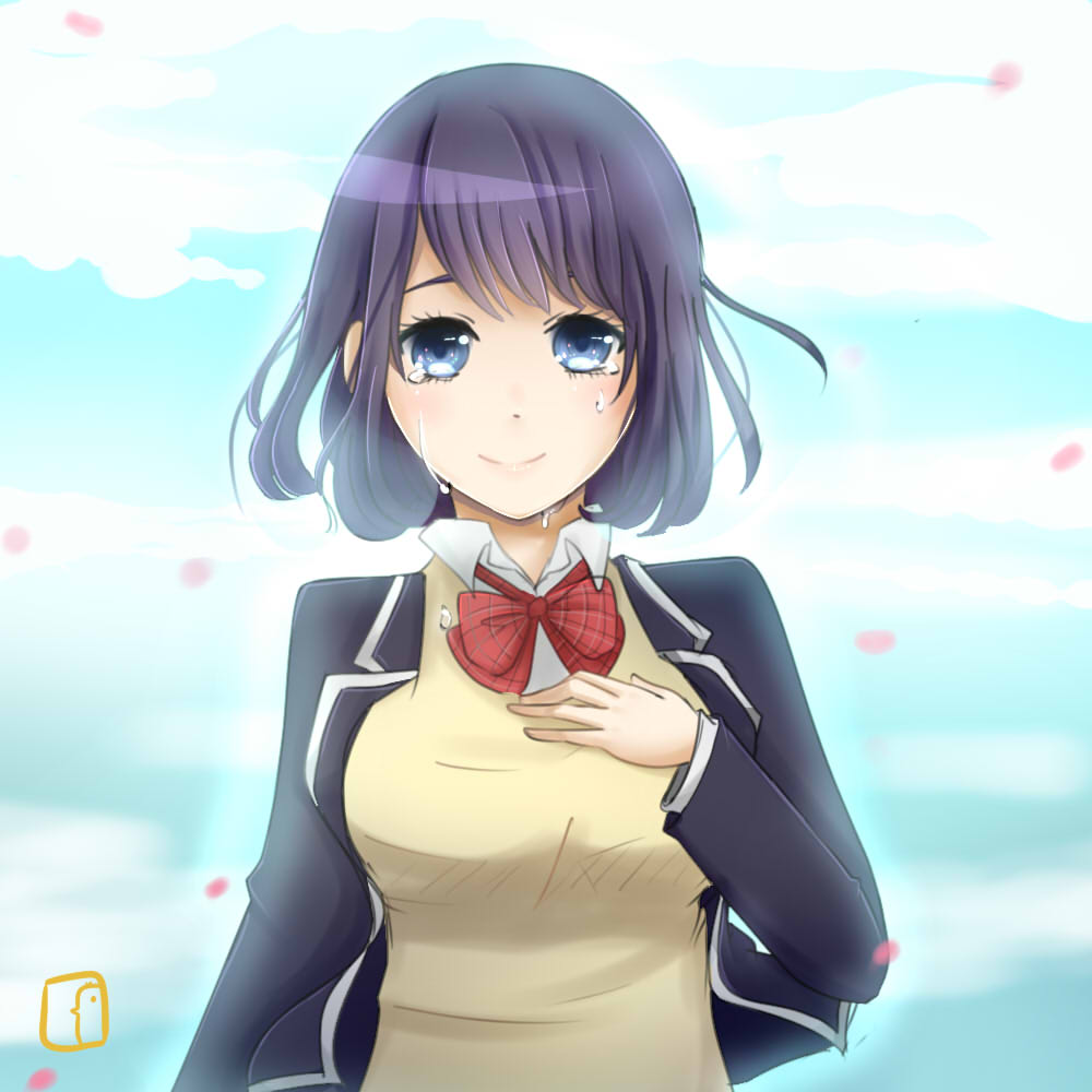 1girl artist_request black_hair blue_eyes bow bowtie hand_on_own_chest koi_to_uso looking_at_viewer school_uniform sky smile solo takasaki_misaki_(koi_to_uso) tears upper_body