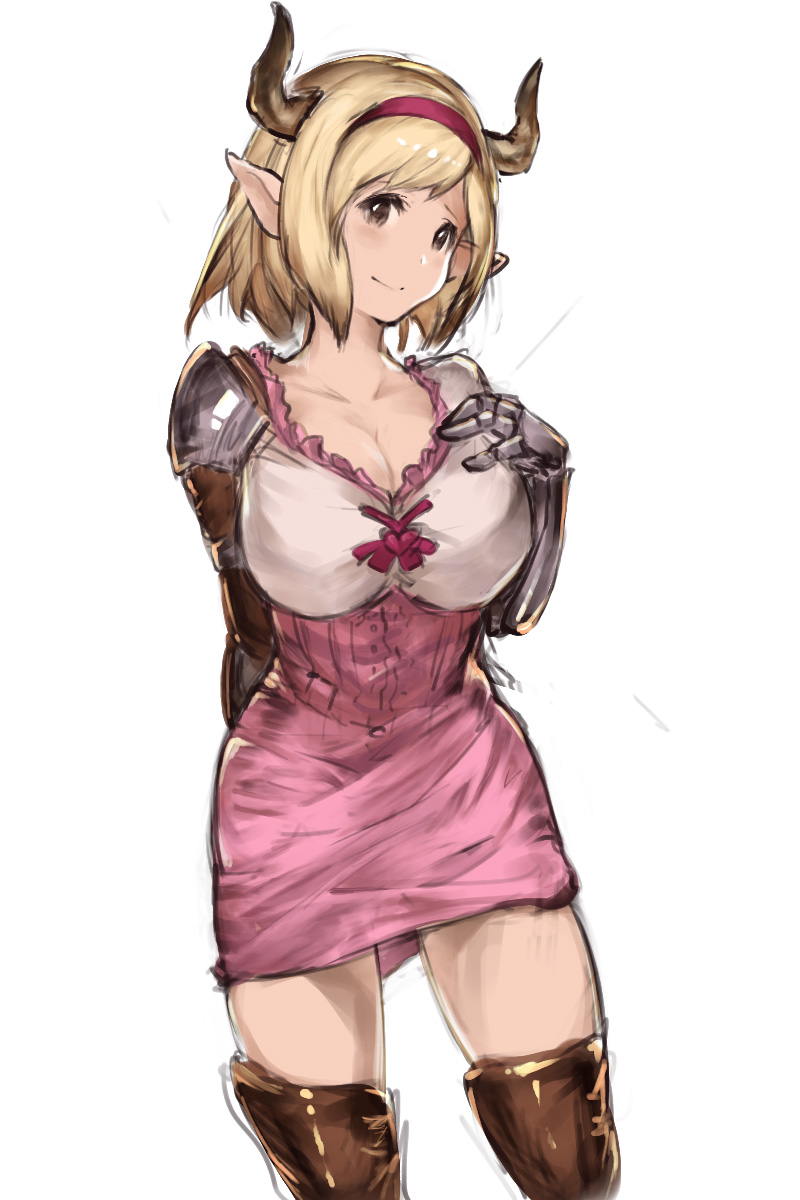 1girl blonde_hair boots breasts brown_eyes cleavage collarbone commentary_request djeeta_(granblue_fantasy) doraf dress fighter_(granblue_fantasy) gauntlets granblue_fantasy hairband highres horns large_breasts looking_at_viewer pink_dress pointy_ears short_dress short_hair simple_background smile solo tagme thigh-highs thigh_boots white_background yashigaras
