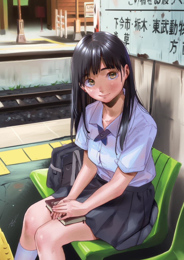 1girl bag bangs bench blue_skirt blush book bookmark breasts brown_eyes closed_mouth collared_shirt commentary_request day hands_together kamiyama_aya kneehighs legs_together long_hair looking_at_viewer medium_breasts original pleated_skirt railroad_tracks rust school_bag school_uniform shirt shirt_tucked_in sign sitting skirt smile solo train_station train_station_platform translation_request white_legwear white_shirt