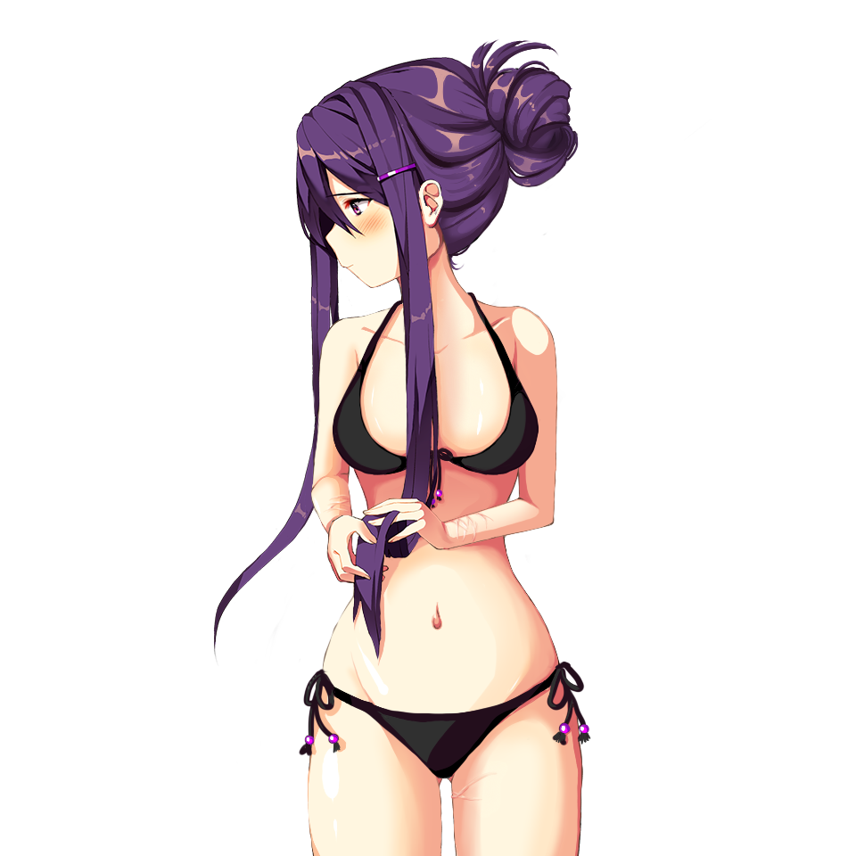 1girl bikini black_bikini doki_doki_literature_club purple_eyes purple_hair solo yuri_(doki_doki_literature_club)